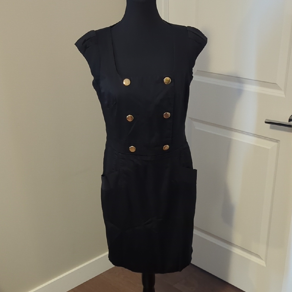Suzy Shier | Cotton Black Dress With Gold Button Accents and Cap Sleeves, Medium
